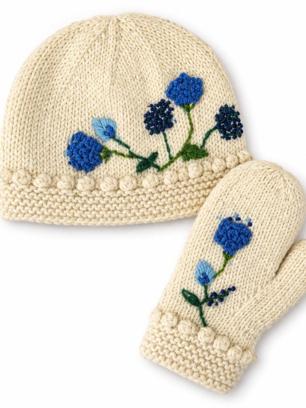 Handmade Napal 100% Wool Hat & Mittens Set Blue Floral Embroidery Fleece Lined